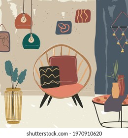 Hygge and boho style living room illustration with home furniture and decor. Rattan armchair and small table, big wood vase, rounded glass lamps..Red, blue, turquoise, beige and golden tones. Vectored