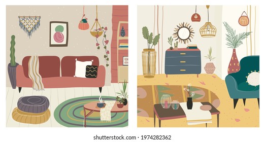 Hygge boho style living room illustrations with home furniture and decor. Red and blue sofa, chest, shelvings, plants, carpets, pictures, puff, tables. Blue, gold, turquoise, white, terracotta tones.