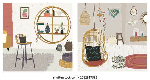 Hygge boho style living room illustrations with home furniture and decor. Hanging rattan chair, round shelf, plants, carpets, pictures, puff, cabinet, stool...multi colored in flat hand drawn design. 