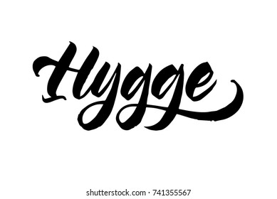HYGGE calligraphy vector ink illustration / inscription. Modern clean lettering style. Black on white. 