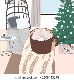 Hygge card with person staying at home in warm sweater  and enjoying moment with mug and hot drink. Cozy interior in trendy Scandinavian style. Christmas vector illustration print, poster, banner