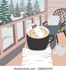 Hygge card of winter vibes and person in warm sweater enjoying moment with mug and hot drink. Cozy interior in trendy Scandinavian style. Christmas vector illustration print, poster, banner