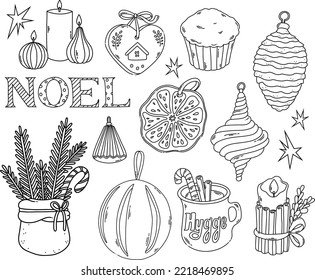 Hygge Christmas cozy elements black outline for coloring page