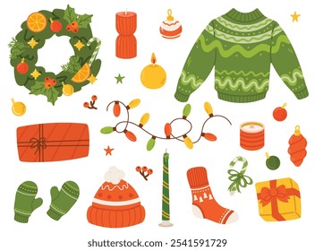 Elementos de Natal Hygge definidos. Coleção de inverno bonito e acolhedor. Ilustração de presente de Natal, guirlanda, suéter de malha quente, decoração, envelope e vela