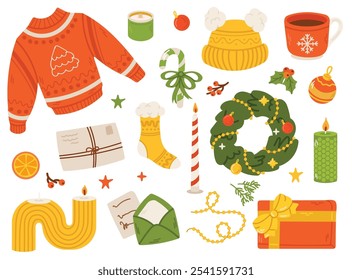 Conjunto de Elementos de Navidades Hygge. Linda y acogedora colección invernal. Ilustración de regalo de Navidad, guirnalda, suéter de punto caliente, decoración, sobre y vela