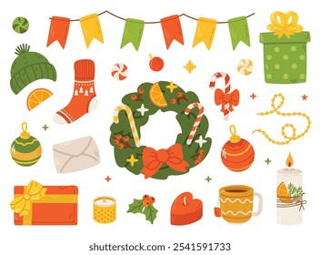 Elementos de Natal Hygge definidos. Coleção de inverno bonito e acolhedor. Ilustração de presente de Natal, guirlanda, suéter de malha quente, decoração, envelope e vela