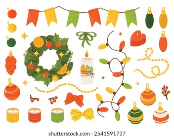 Elementos de Natal Hygge definidos. Coleção de inverno bonito e acolhedor. Ilustração de presente de Natal, guirlanda, suéter de malha quente, decoração, envelope e vela