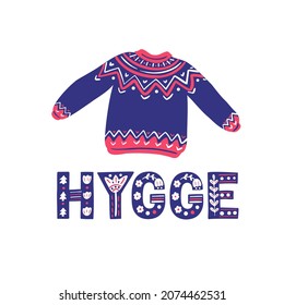 Hygge Christmas illustration with sweater and decorative lettering, Scandinavian style art.