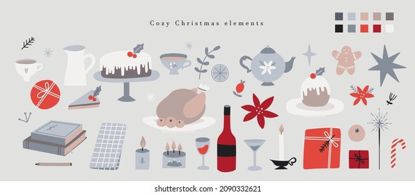 Hygge Christmas stickers set. Hand drawn cozy winter season elements kitchen collection - kitchenware, food, gift box, sweets, teapot, cookies. Merry Christmas and Happy New Year vector.
