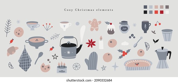 Hygge Christmas stickers set. Hand drawn cozy winter season elements kitchen collection - kitchenware, food, gift box, sweets, teapot, cookies. Merry Christmas and Happy New Year vector.
