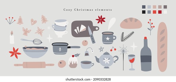 Hygge Christmas stickers set. Hand drawn cozy winter season elements kitchen collection - kitchenware, food, gift box, sweets, teapot, cookies. Merry Christmas and Happy New Year vector.
