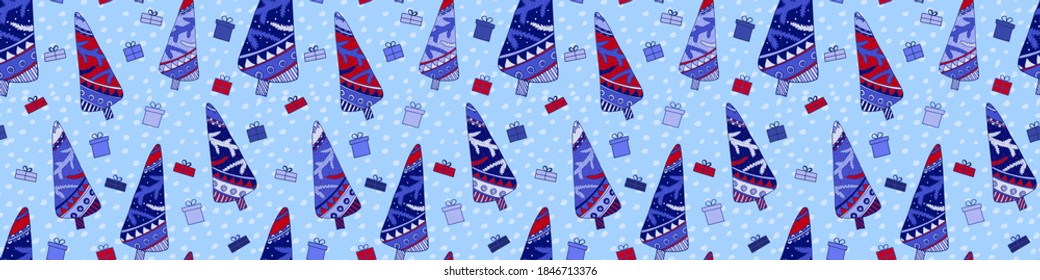 Impresionante patrón sin problemas de vectores de árbol de Navidad con caja actual y copos de nieve. Blue Winter Holiday ilustraciones repetidas para el diseño de Año Nuevo, pancarta de x-mas, afiche de higge, pegatina. EPS10