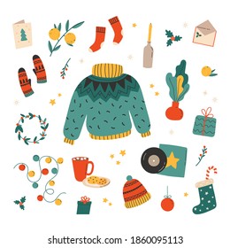 Hygge christmas. Winter holiday decor, gifts, clothing. Candle, socks and mittens xmas home symbols, cartoon vector set. Christmas hygge, doodle cozy things. Vector illustration in flat style