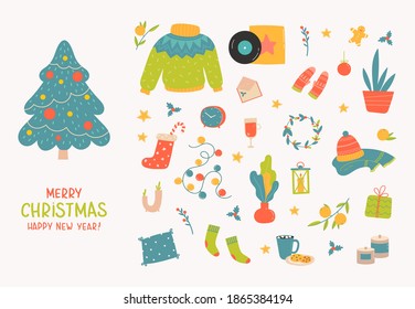 Hygge christmas. Winter holiday decor, gifts, clothing. Candle, socks and mittens, xmas home symbols, cartoon big vector set. Christmas hygge, doodle cozy things. Vector illustration in flat style