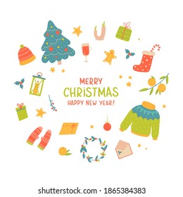 Hygge christmas. Winter holiday decor, gifts, clothing. Candle, socks and mittens xmas home symbols, cartoon vector set. Christmas hygge, doodle cozy things. Vector illustration in flat style 