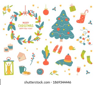 Hygge christmas. Winter holiday decor, gifts, clothing. Candle, socks and mittens, xmas home symbols, cartoon big vector set. Christmas hygge, doodle cozy things. Vector illustration in flat style