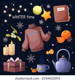  Hygge collection with warm, cozy winter elements. Set items for cold season. Food, drinks, spices, christmas decorations and clothes to warm up isolated on dark background.