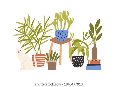 Hygge composition of hand drawn houseplant in flowerpots. Cozy scene with funny cat sitting near potted plants. Flat vector cartoon childish illustration isolated on white