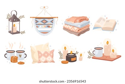 Hygge composition set with candle, blanket, pillow, hot drink, book, lantern, macrame wall decoration isolated on white background. Cozy design elements for home interior design vector illustration