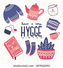 Hygge concept with colorful hand lettering and illustration design. Scandinavian folk motives. Cozy atmosphere at home. Flat vector illustration. 