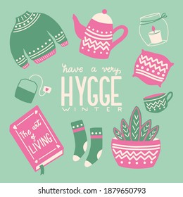 Hygge concept with colorful hand lettering and illustration design. Scandinavian folk motives. Cozy atmosphere at home. Flat vector illustration. 