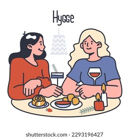 Hygge concept. Scandinavian lifestyle approach or tradition. Idea of coziness and comfort. Body and mind balance. Flat vector illustration
