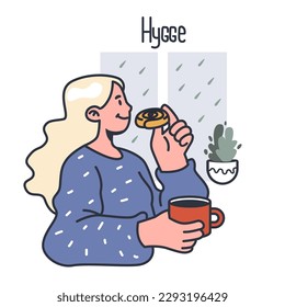 Hygge concept. Scandinavian lifestyle approach or tradition. Idea of coziness and comfort. Body and mind balance. Flat vector illustration