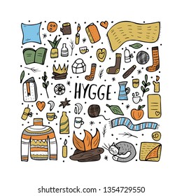 Hygge concept. Vector isolated symbols of comfort. Danish living concept.