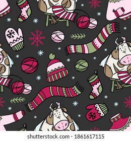 HYGGE COW KNITS SWEATER And Other Warm Clothes Merry Christmas New Year Winter Holiday Bull Hand Drawn Cartoon Seamless Pattern Vector Illustration For Print