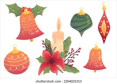 Hygge cozy christmas set with toys, candle and holly bell. Cartoon flat vector illustration. Isolated vector illustration. Holiday xmas decor. Christmas cozy elements