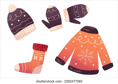 Hygge cozy christmas set with warm sweater, hat and gloves. Cartoon flat vector illustration. Isolated vector illustration. Holiday xmas decor. Christmas cozy elements