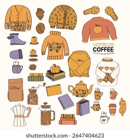 hygge cozy clothing and items graphic elements collection	