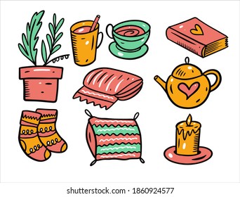 Los objetos de los juegos de casa son inmensos y acogedores. Estilo de doodle dibujado a mano. Ilustración vectorial aislada en fondo blanco.