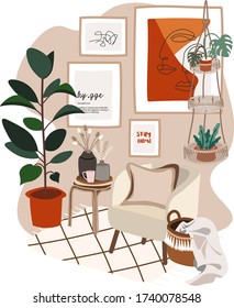 Hygge Cozy Home. Stay Home. Relax and Chill. Scandinavian style interior decoration room design. Greeting cards. Stay home and stay healthy. 
