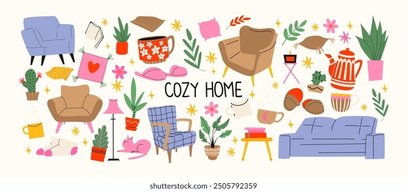 Hygge cozy stickers in cartoon style. Autumn vector illustrations. Scandinavian style, home decor, interior elements and home comfort. Trendy cute shapes