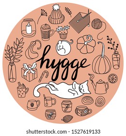 Hygge is a Danish living concept. Stock vector illustration of background with hand drawn illustrations cozy home things. 