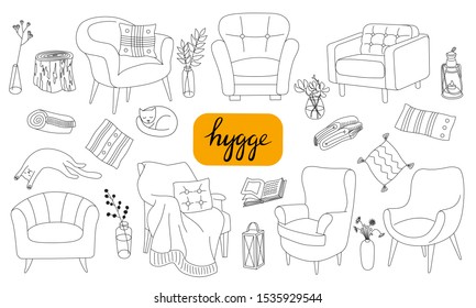 Hygge Is A Danish Living Concept. Stock Vector Illustration Of Background With Hand Drawn Illustrations Cozy Home Things. 