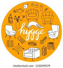 Hygge is a Danish living concept. Vector background with hand drawn illustrations cozy home things. Lettering hygge.