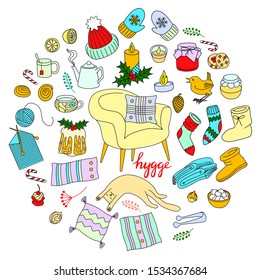 Hygge is a Danish living concept. Vector background set with hand drawn illustrations cozy home things. Lettering hygge.