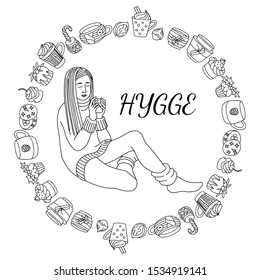 Hygge is a Danish living concept. Vector background with hand drawn illustrations cozy home things. 