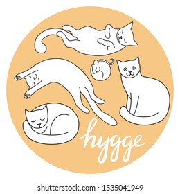 Hygge is a Danish living concept. Vector background with hand drawn illustrations of cats and mouse. Lettering hygge.