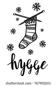 Hygge is a Danish living concept. Vector template with hand drawn illustrations cozy knitted Christmas sock. Sketch style and lettering