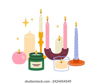 Hygge decor element concept. Colorful candles. Comfort and coziness. Christmas and New Year. Sticker for social networks. Cartoon flat vector illustration isolated on white background