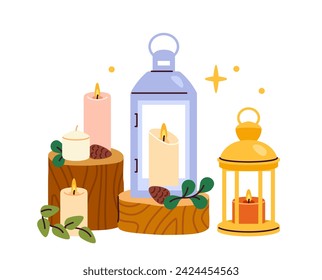 Hygge decor element concept. Colorful candles. Comfort and coziness. Christmas and New Year. Graphic element for website. Cartoon flat vector illustration isolated on white background