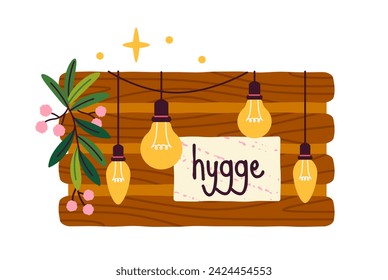 Hygge decor element concept. Wooden board with light bulbs. Comfort and coziness. Christmas and New Year. Poster or banner. Cartoon flat vector illustration isolated on white background