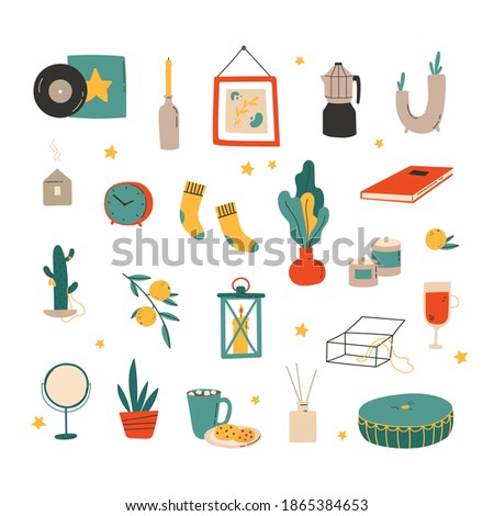 Hygge decor things. Winter holiday decor set. Candle, socks, candle and xmas home symbols, cartoon vector illustration. Doodle cozy things in scandinavian style. Vector illustration in flat style.