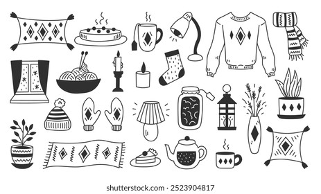 Hygge Doodle Elements Set. Hand drawn cozy winter outline symbols and icons. Knitwear food drink candles interior objects. Isolated vector illustration