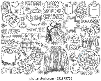 Hygge doodles. Winter season cozy home elements like candles, socks, oversize sweater, tea, cinnamon rolls. Danish living concept patch badges.Vector for web or printed products.