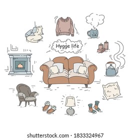 Hygge elements color icons set. Cute, cozy attributes collection for hominess atmosphere. Hygge life. Cozy home concept. Scandinavian style elements composition. Isolated vector illustration 