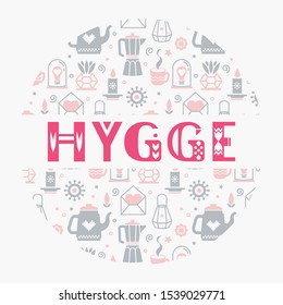 Hygge elements in doodle style. Hand icon. Vector doodle background. Scandinavian design. Christmas vector background. Vector icon gift. Home indoor design.